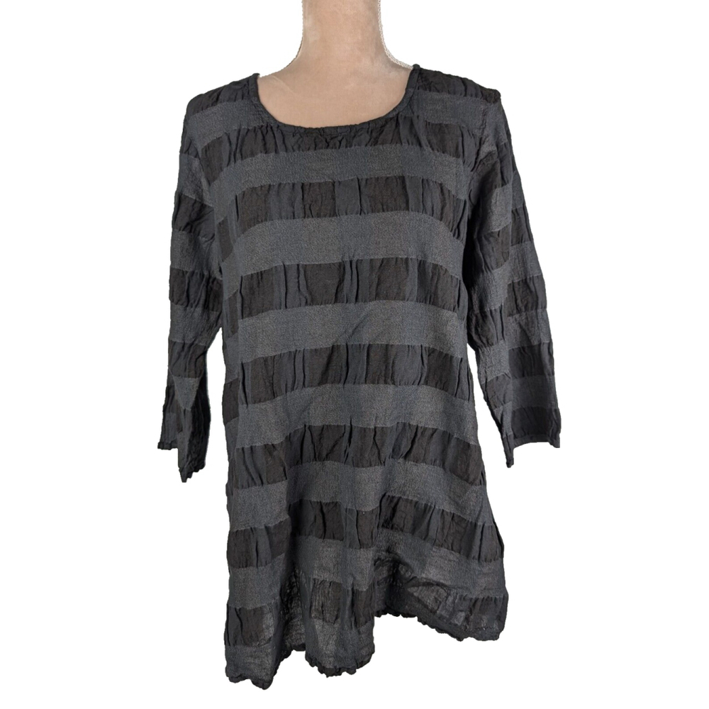 Flax Tunic Mixed Media Striped Gray and Black Top Size S Crinkle